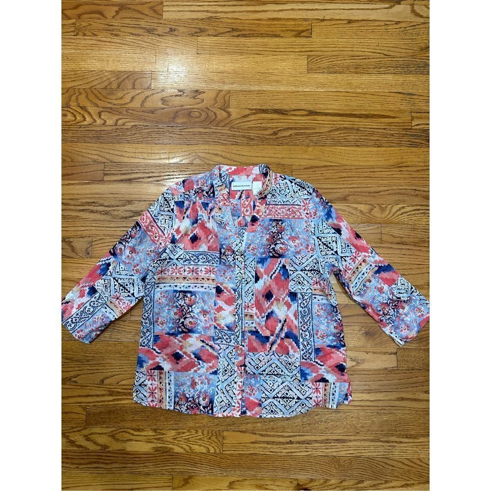 🌼5for$25🌼Alfred Dunner Cotton Pink Blue Patchwork Print Top 3/4 Sleeve